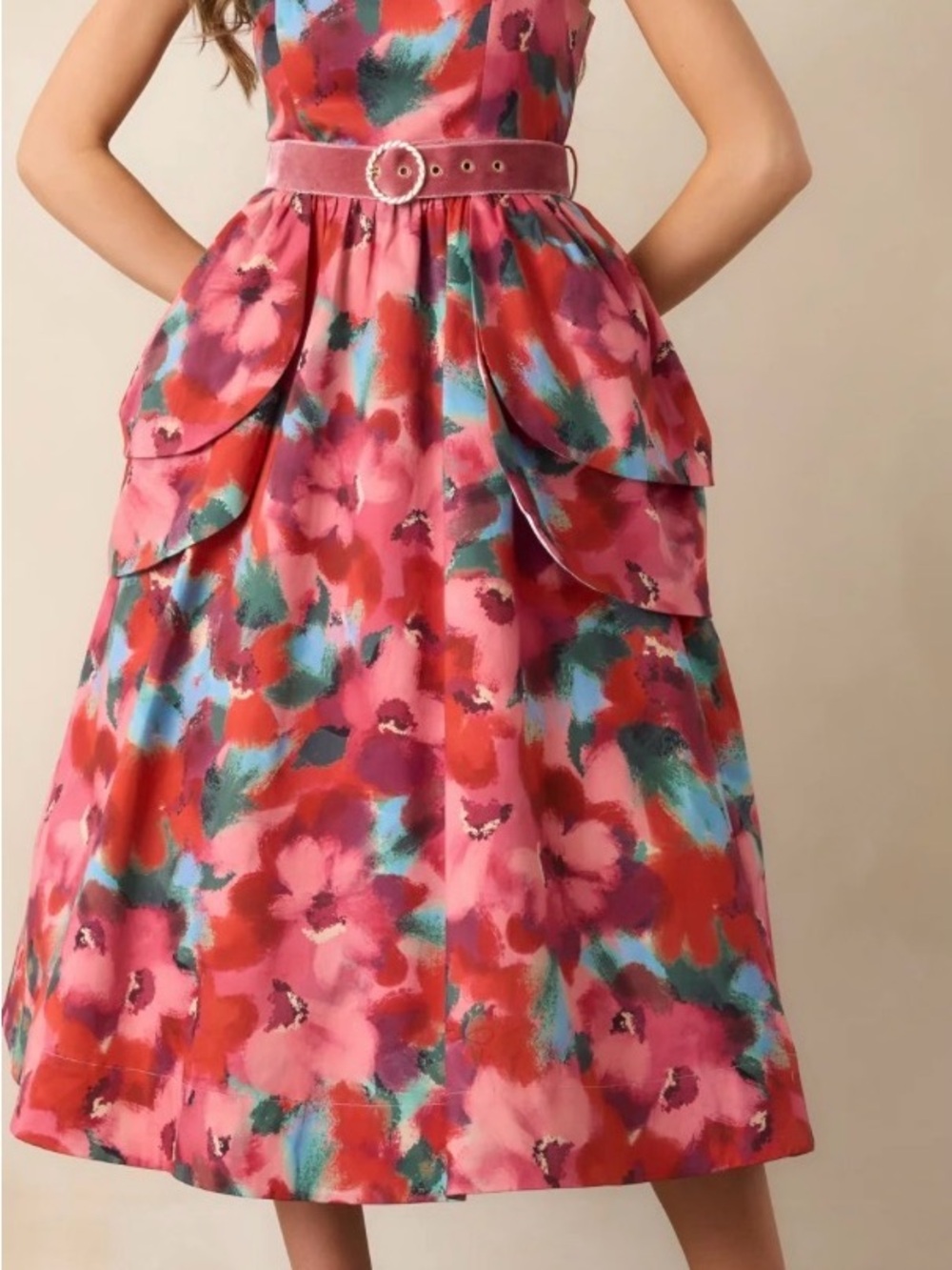 Girls Pink Floral Midi Dress with Decorative Belt